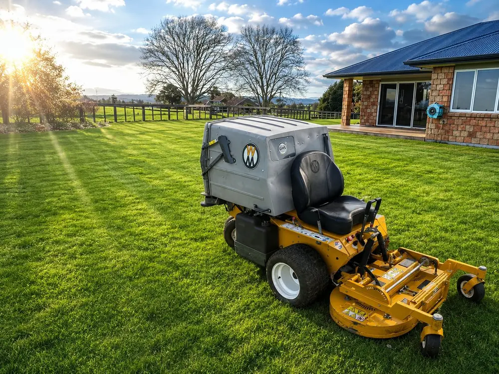 Jay Ram's ride-on mower on a freshly striped lawn in Te Awamutu